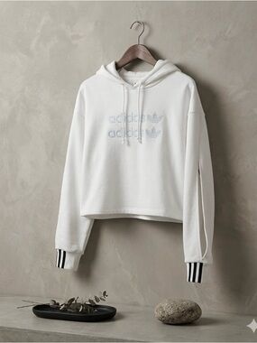 adidas Originals Cropped Hoodie White Slit Sleeve Sweatshirt Large